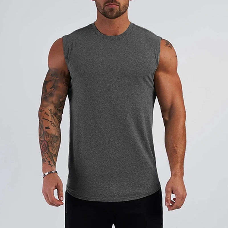 Running Vests Summer Mens Sports Fitness Shirt Cotton Round Neck Sleeveless T-Shirt Jogger Gym Bodybuilding Training Tank Tops