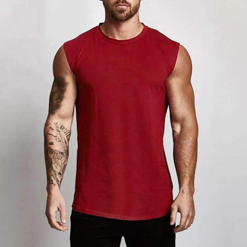 Running Vests Summer Mens Sports Fitness Shirt Cotton Round Neck Sleeveless T-Shirt Jogger Gym Bodybuilding Training Tank Tops
