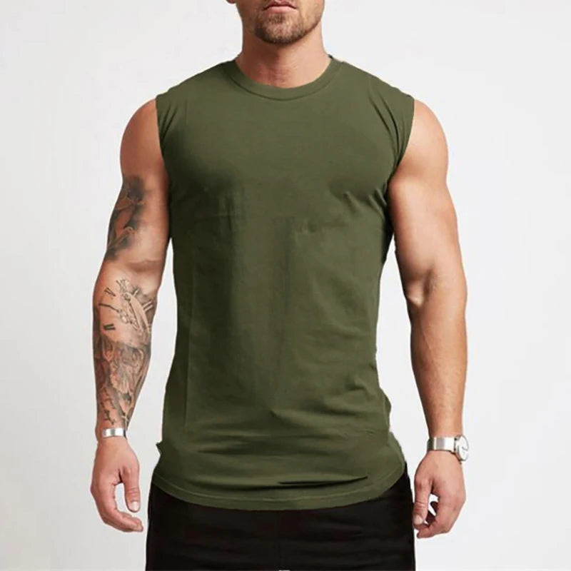 Running Vests Summer Mens Sports Fitness Shirt Cotton Round Neck Sleeveless T-Shirt Jogger Gym Bodybuilding Training Tank Tops