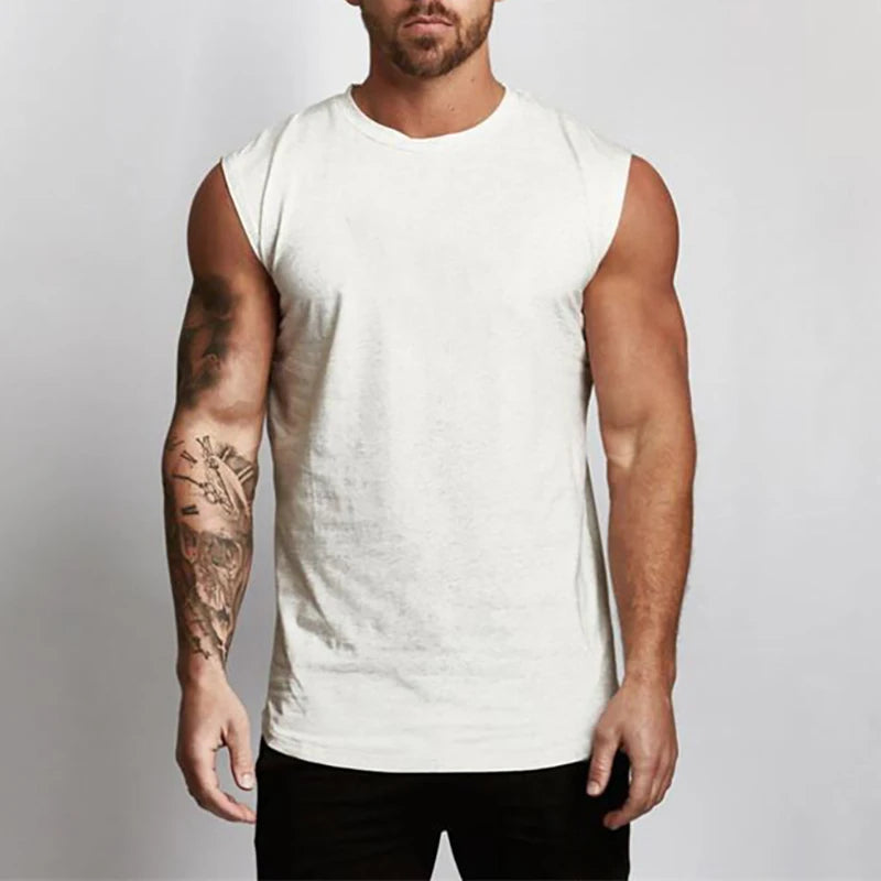 Running Vests Summer Mens Sports Fitness Shirt Cotton Round Neck Sleeveless T-Shirt Jogger Gym Bodybuilding Training Tank Tops