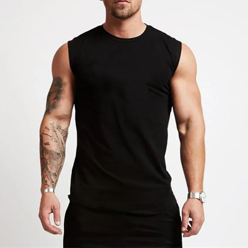 Running Vests Summer Mens Sports Fitness Shirt Cotton Round Neck Sleeveless T-Shirt Jogger Gym Bodybuilding Training Tank Tops