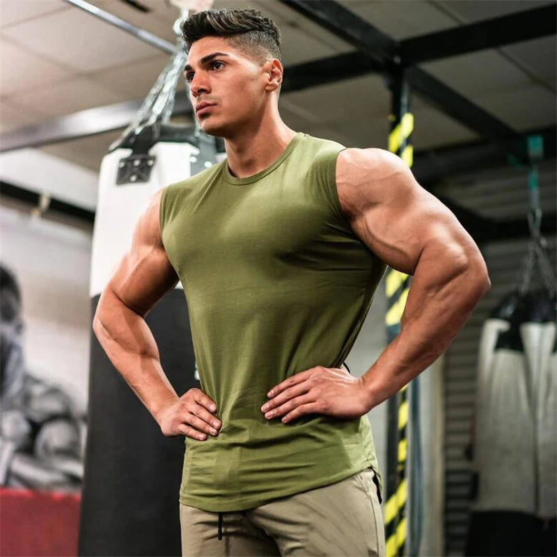 Running Vests Summer Mens Sports Fitness Shirt Cotton Round Neck Sleeveless T-Shirt Jogger Gym Bodybuilding Training Tank Tops