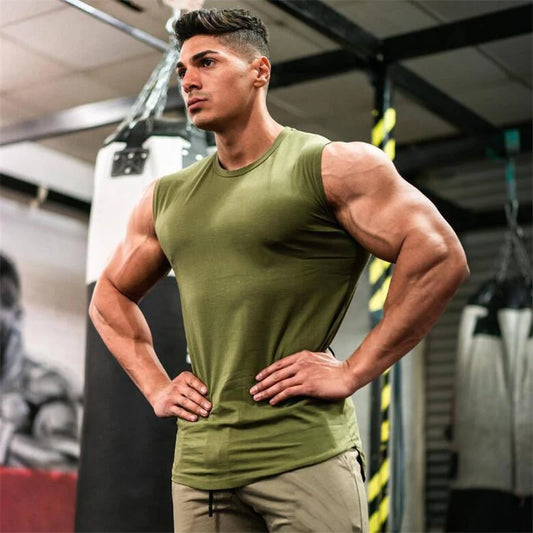 Running Vests Summer Mens Sports Fitness Shirt Cotton Round Neck Sleeveless T-Shirt Jogger Gym Bodybuilding Training Tank Tops